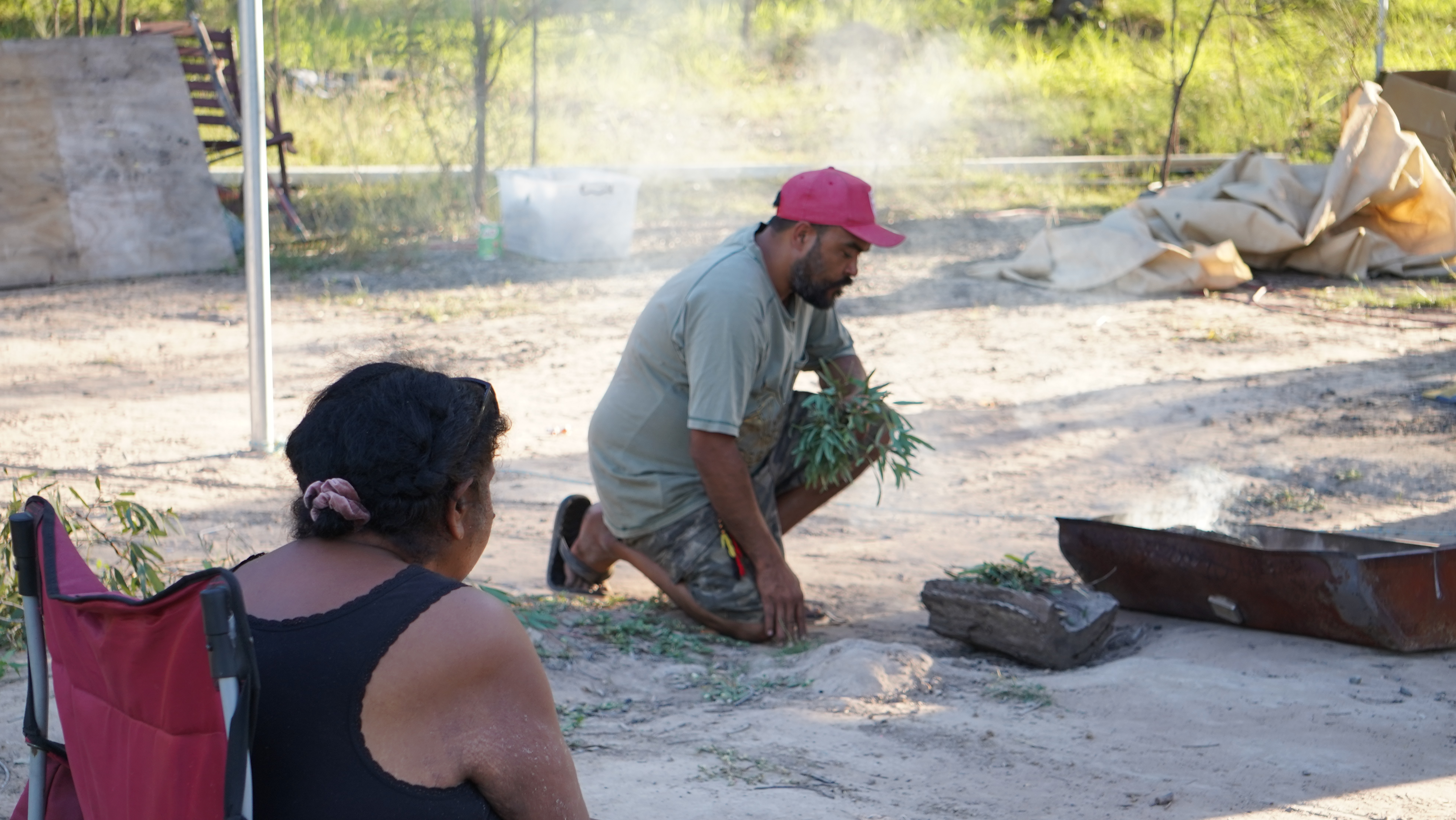 Smoke ceremony at Deebing Creek Sovereignty Camp, west of Brisbane, QLD